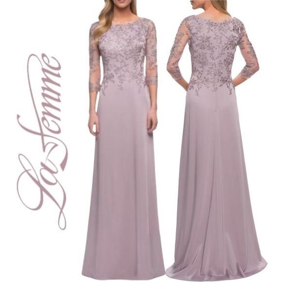 La Femme Women’s Floral Applique Jersey Column Gown in the Size 4 in Light Mauve - Picture 1 of 6